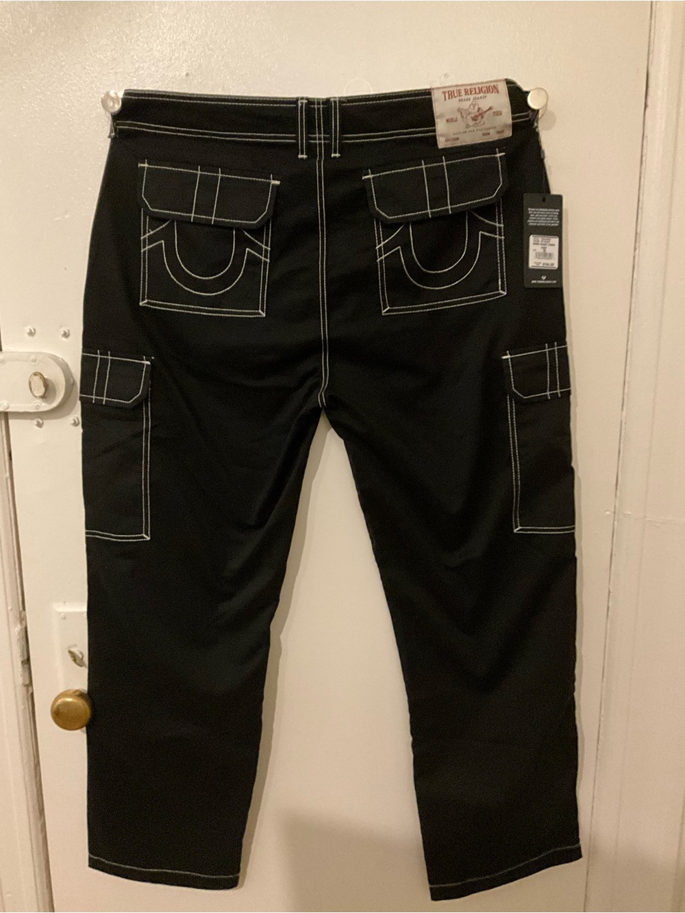 True Religion Black Cargo Jeans with Contrast Stitching Mens